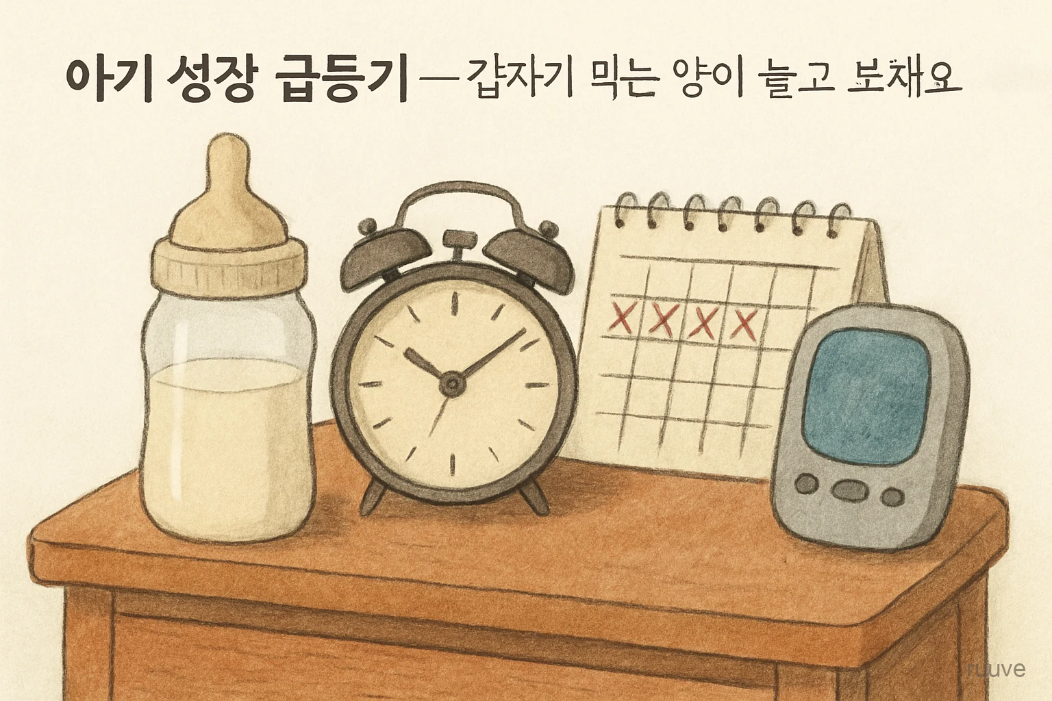 젖병과 시계, 달력 장면