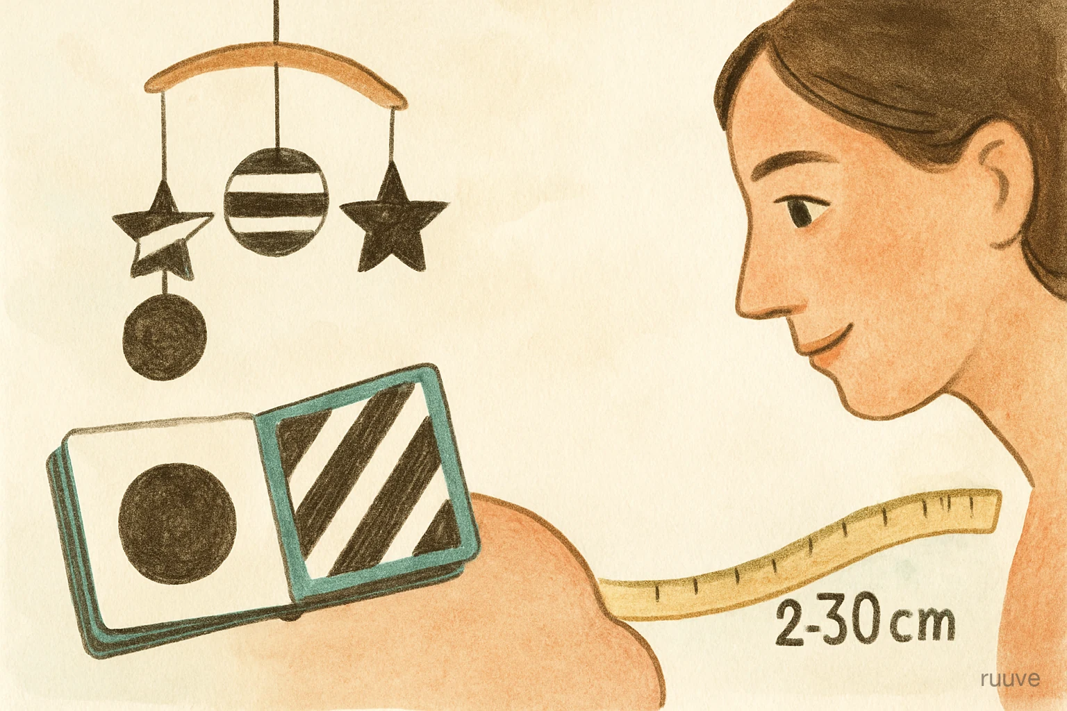 신생아는 20–30cm 거리를 볼 수 있어요. 아기 시각 발달 관련 장면