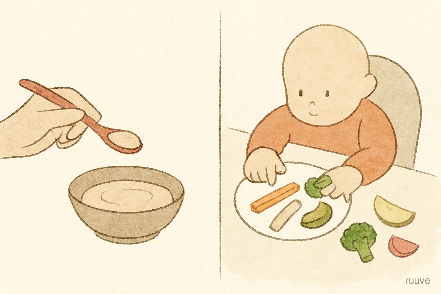 숟가락과 핑거푸드의 비교 장면