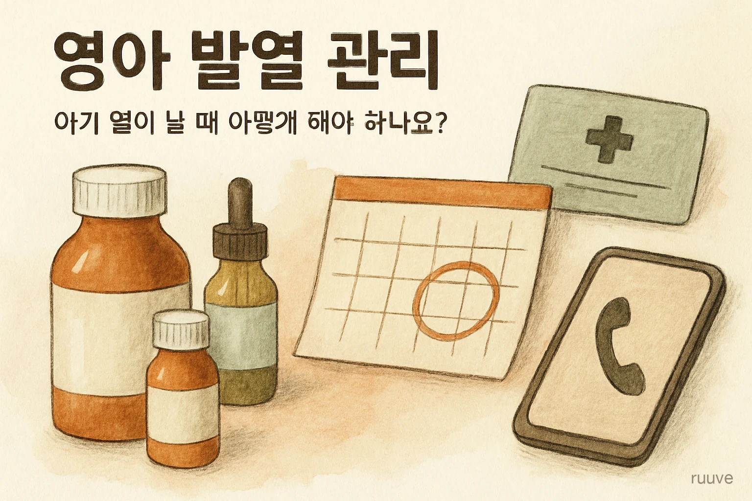 아기 발열 시 응급실 방문이 필요한 경우를 안내해요. 약병, 달력, 진료카드