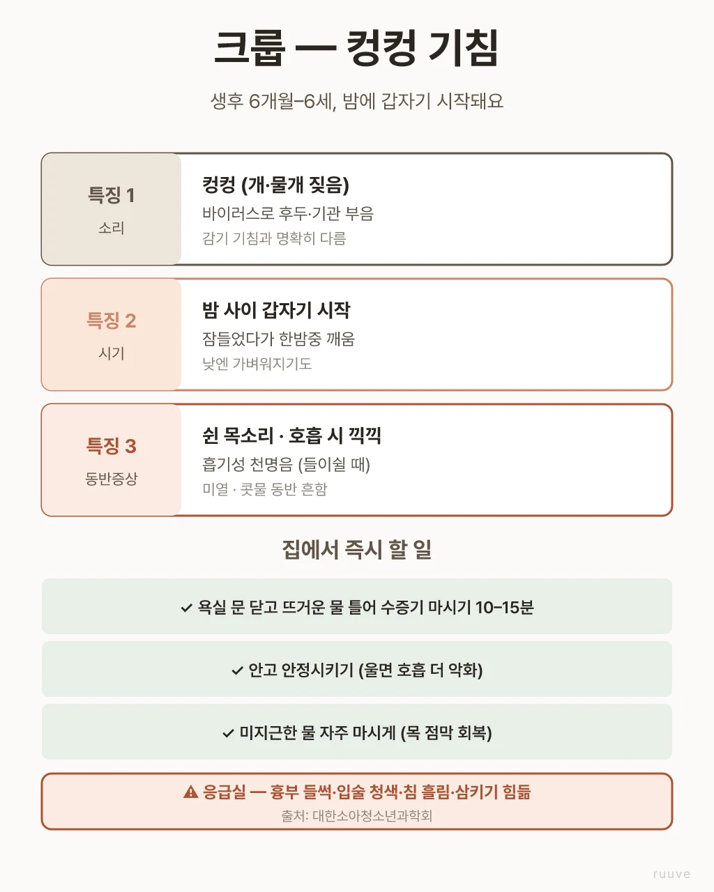 크룹 특징 3가지 — 컹컹 기침 소리(개·물개 짖음), 밤 사이 갑자기 시작, 쉰 목소리·흡기성 천명음. 집에서 즉시 할 일