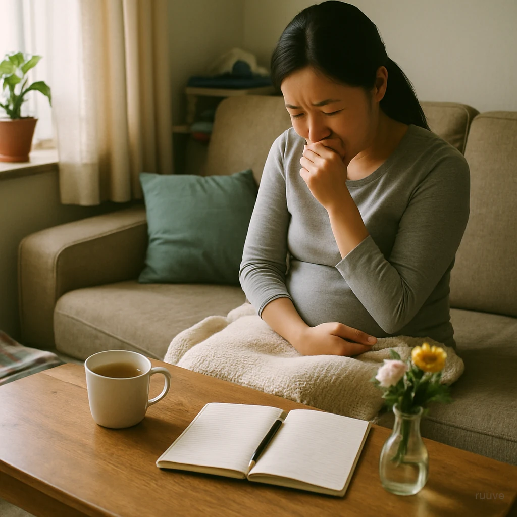 출산 두려움은 흔하며, 용기 있게 도움을 요청하세요. 거실의 따뜻한 음료와 노트