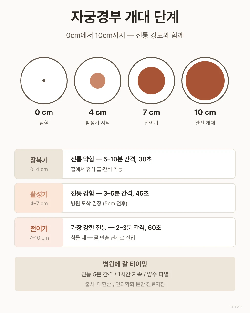 잠복기(0-4cm)는 진통 약함·5-10분 간격, 활성기(4-7cm)는 강함·3-5분 간격, 전이기(7-10cm)가 가장 강해요. 5cm 전후로 병원에 가시는 게 일반적이에요. 자궁경부 개대 단계 시각화 0cm 닫힘 → 4cm 활성기 → 7cm 전이기 → 10cm 완전 개대, 잠복기·활성기·전이기 각 단계의 진통 간격과 강도