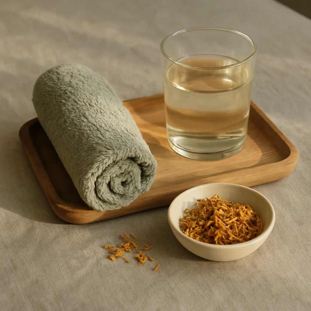 온찜질과 충분한 수분 보충은 유선염 회복의 가장 기본적인 케어예요. 유선염 자가관리 — 온찜질 수건·미온수·카렌듈라가 놓인 베이지 리넨 정물