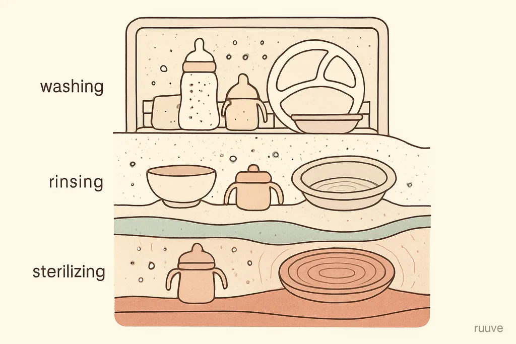 식기세척기 사용 단계를 층으로 표현