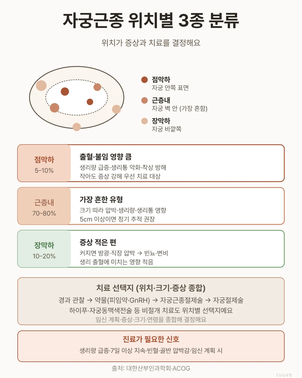 자궁근종 위치별 3종 분류 — 점막하(자궁 안쪽, 출혈·불임 영향), 근층내(자궁 벽 안, 가장 흔함), 장막하(자궁 바깥쪽, 통증·압박감). 위치별 증상·치료 우선순위
