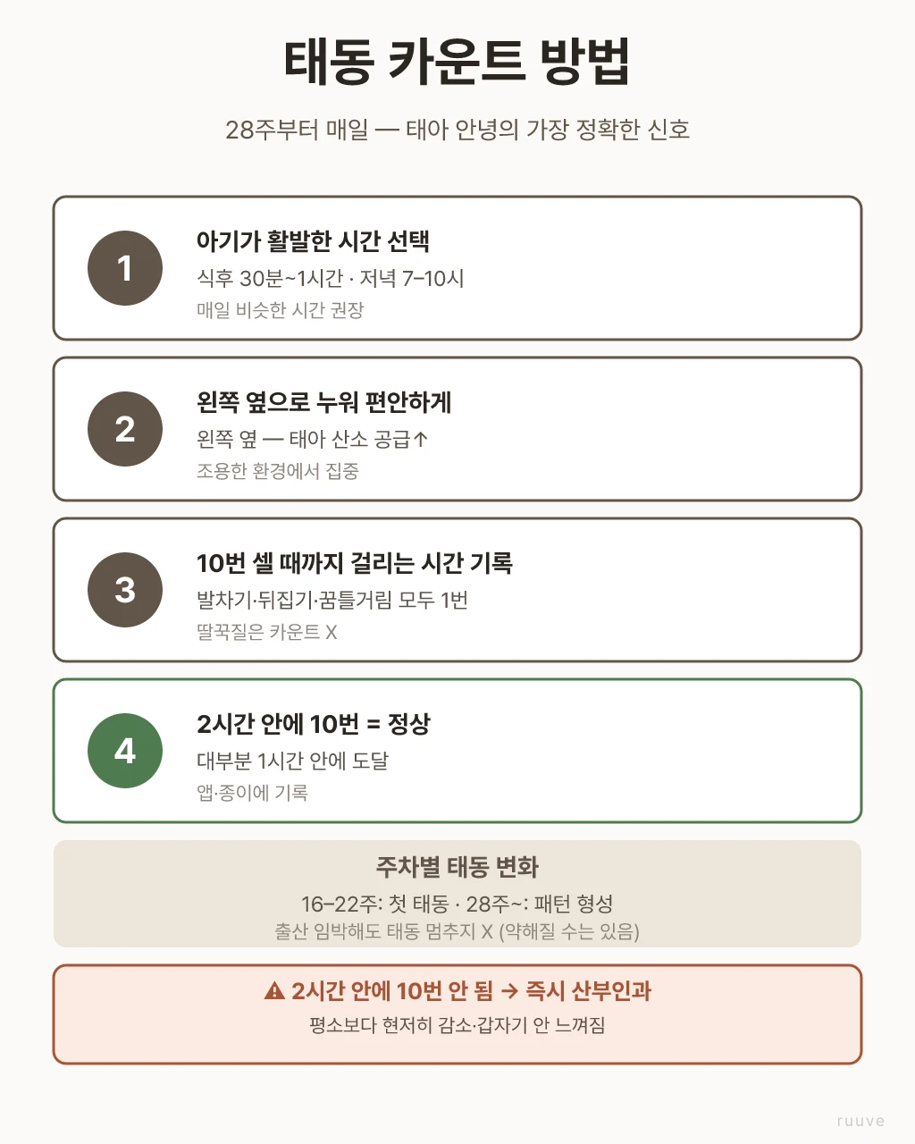 왼쪽 옆으로 누워야 태아 산소 공급이 잘 돼요. 평소보다 현저히 줄거나 2시간 안에 10번 안 되면 즉시 산부인과로 가주세요. 태동 카운트 4단계 — 활발한 시간 선택, 왼쪽 옆 눕기, 10번 셀 때까지 시간 기록, 2시간 안 10번 = 정상